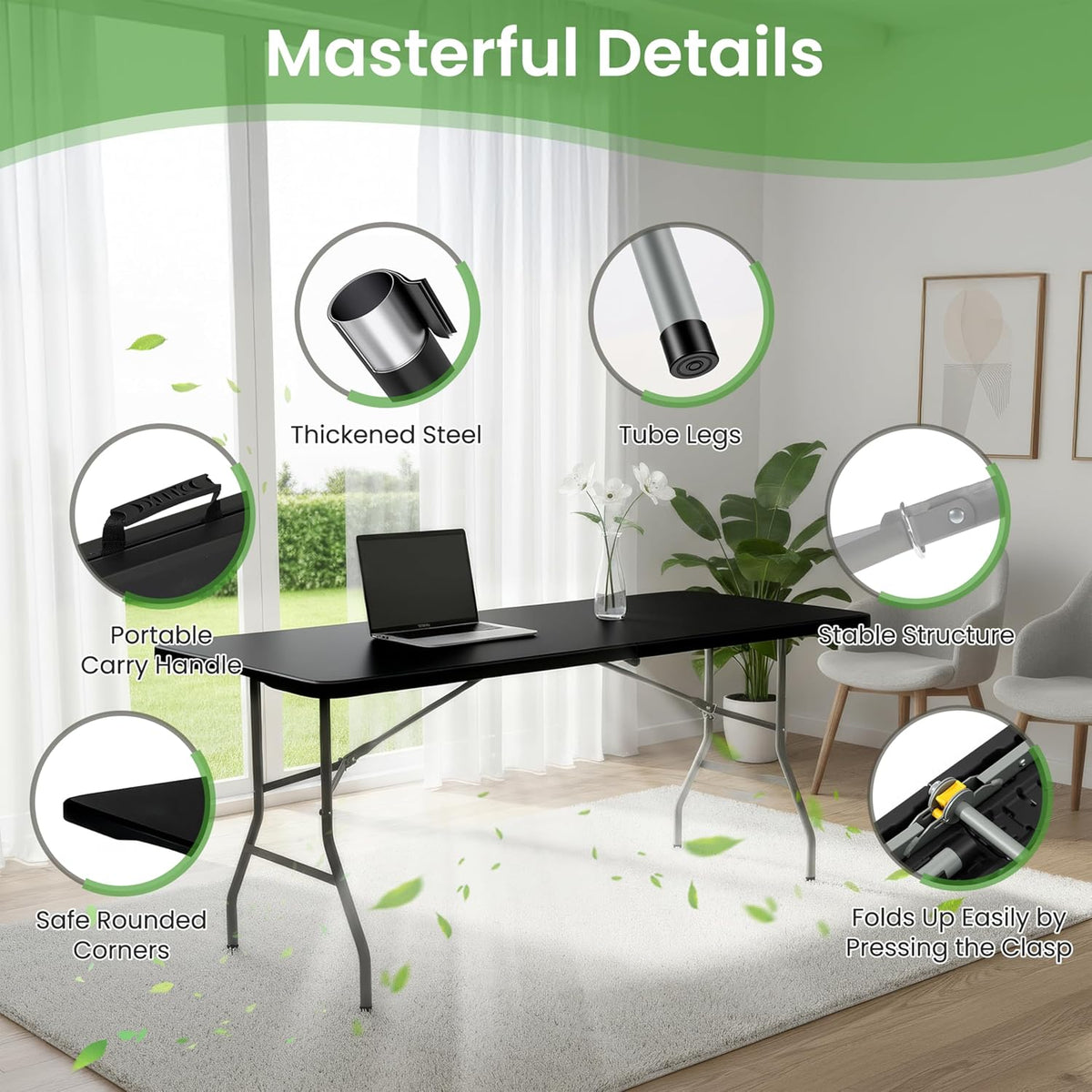 Folding Dining Table Set, 6FT Foldable Plastic Table with Carrying Handle & 6 PU Leather Padded Folding Chairs