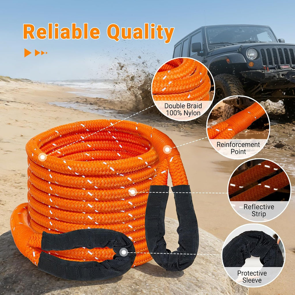 Kinetic Recovery Rope 7/8" x 30ft, 48600lbs Breaking Strength Kinetic Tow Rope,Heavy Duty Recovery Rope with 2pcs