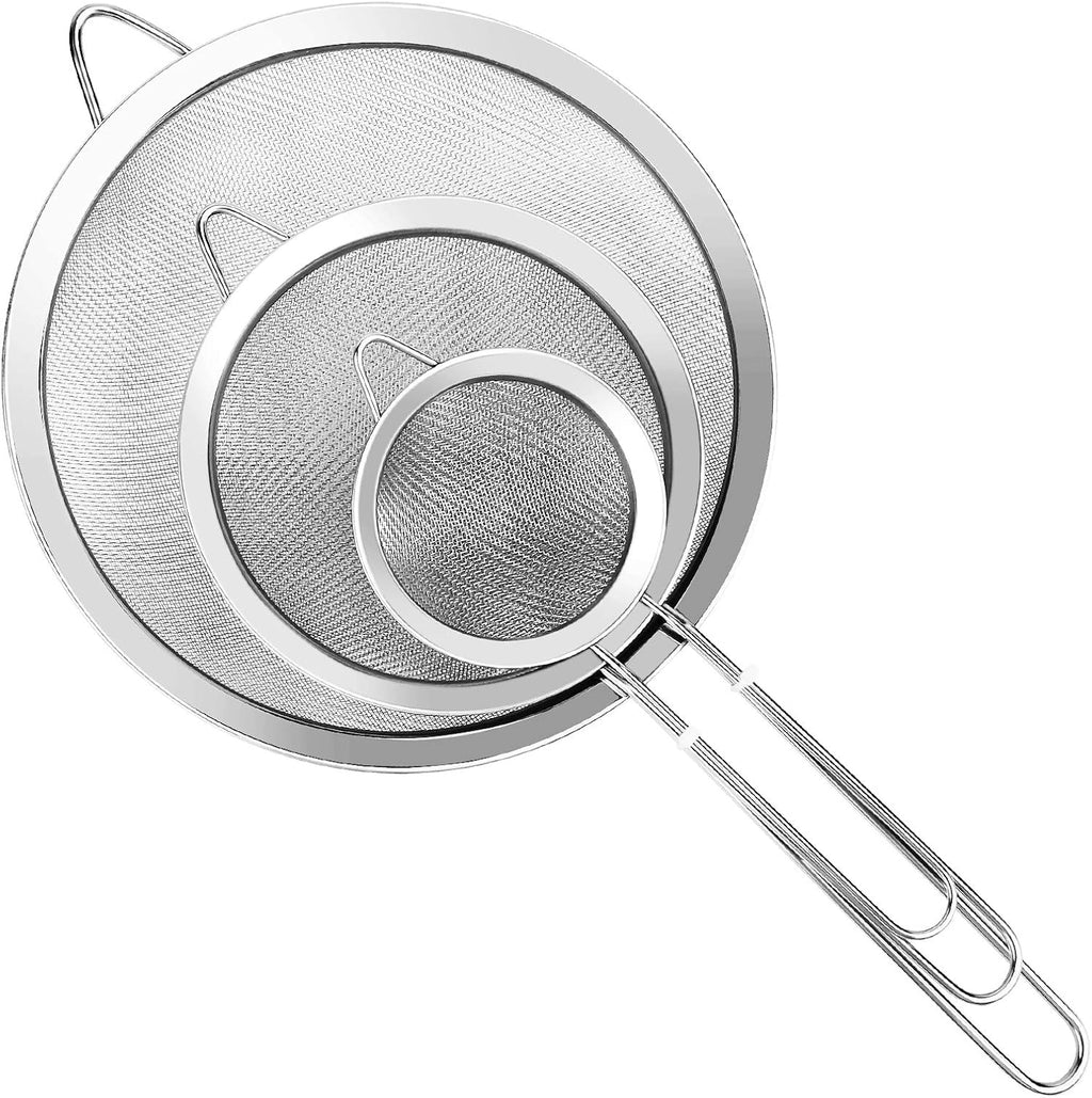 Fine Mesh Strainer, 3-Piece Stainless Steel Colander Sifter Set with Handle