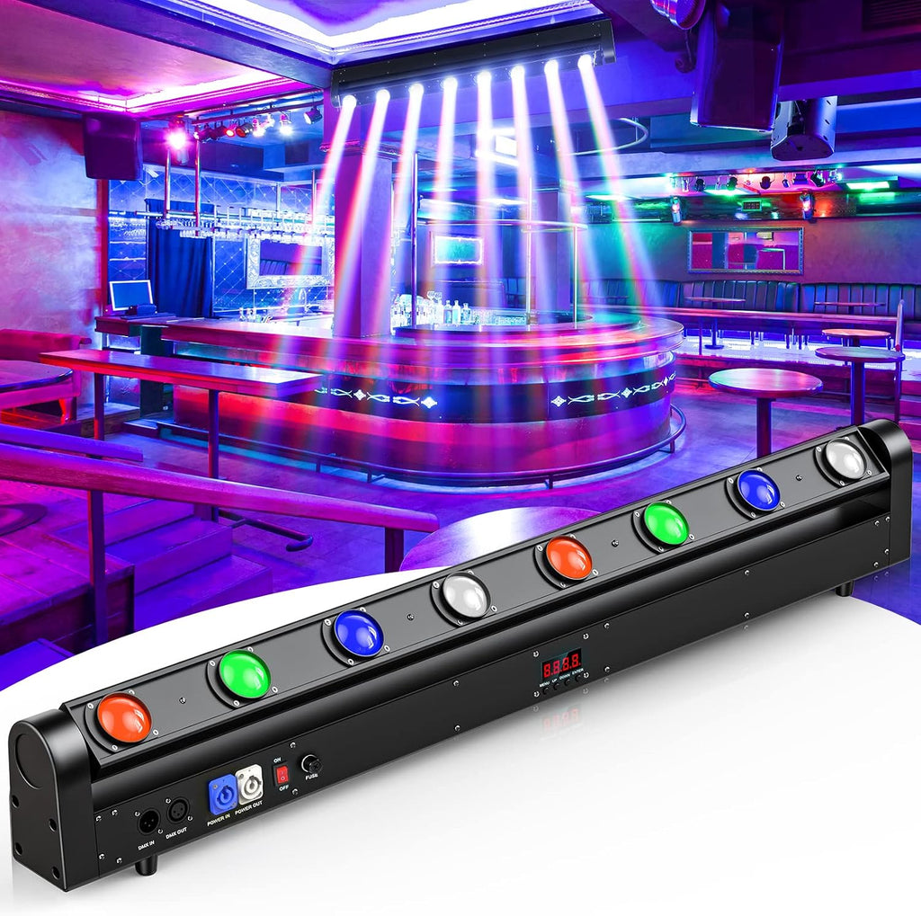 8 Eye LED Wall Wash Light Bar, 120W RGBW 4IN1 Moving Head Stage Lights, DMX512 and Sound-Activated Control Stage