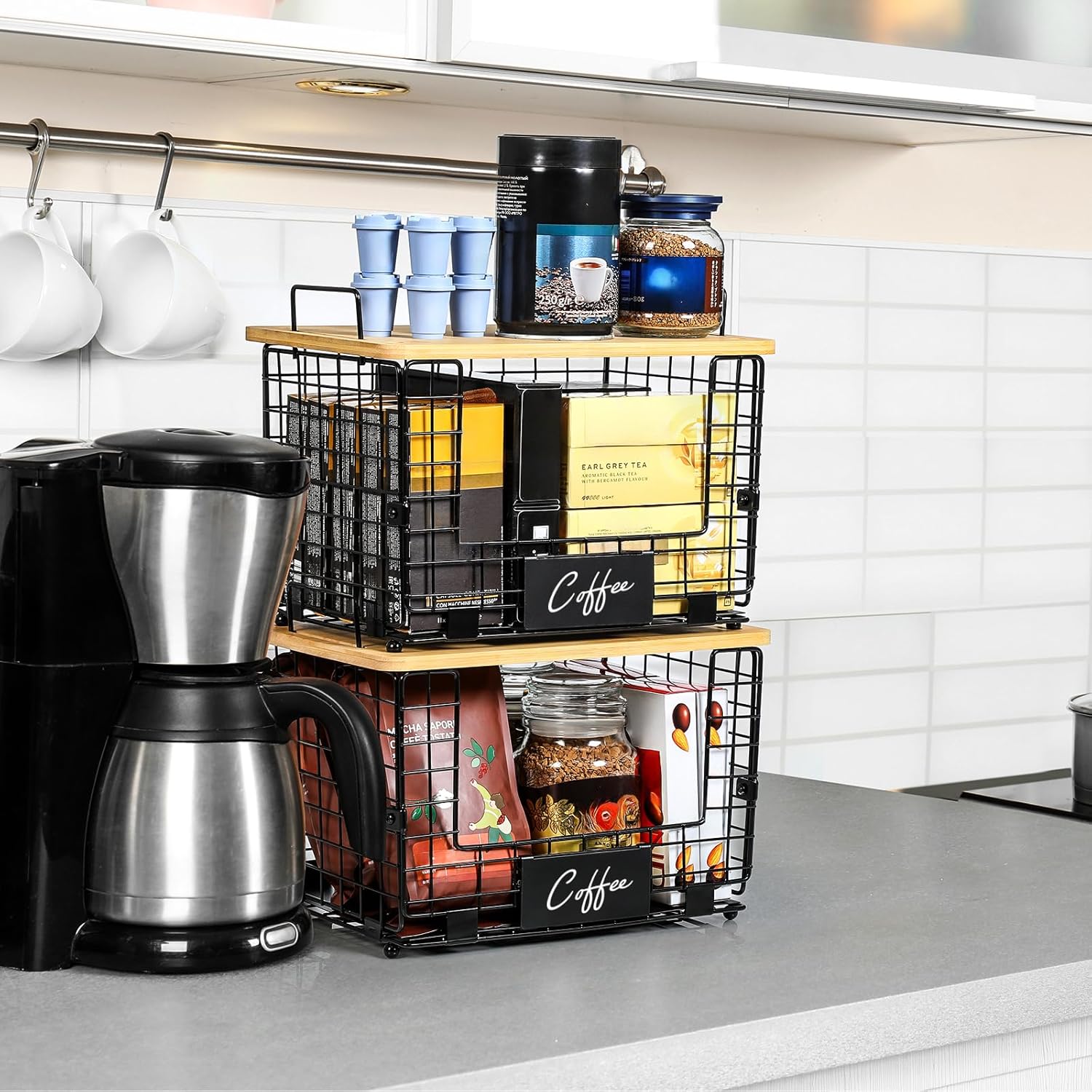 2 Set XL Stackable Wire Basket with Bamboo Tops & Tags- Pantry Organizer and Storage Bins, Kitchen Counter Cabinet
