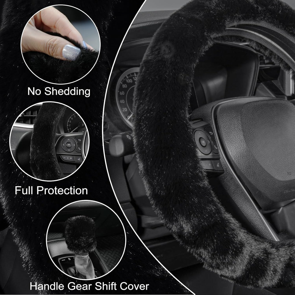 Furry Car Steering Wheel Cover with Fluffy Gear Shift Cover Soft Warm Non-Slip Car Decoration for Men Women Girls 2
