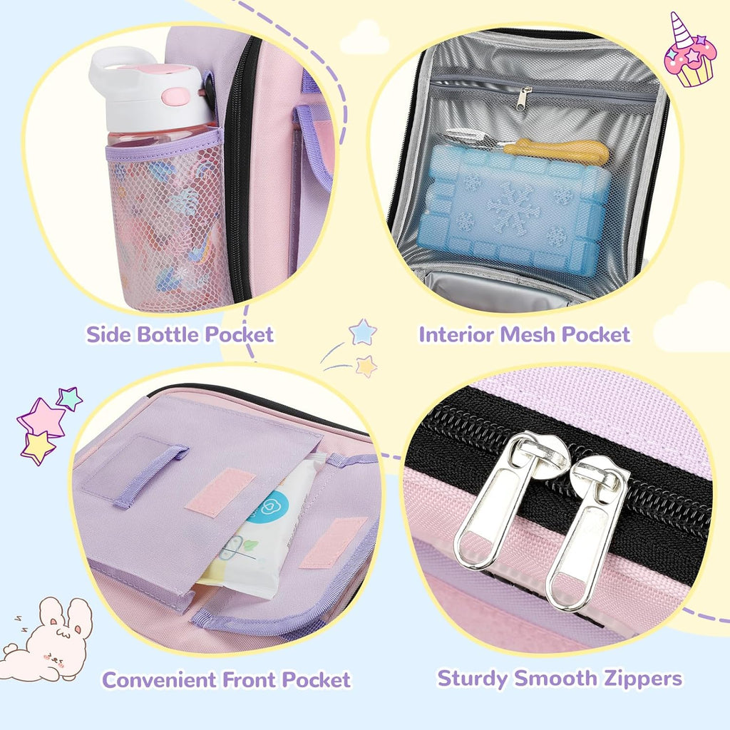 Lunch Box Kids, Large Insulated Lunch Bag for Girls, Purple | Tactical Style, Cooler Lunchbag, Square Toddler