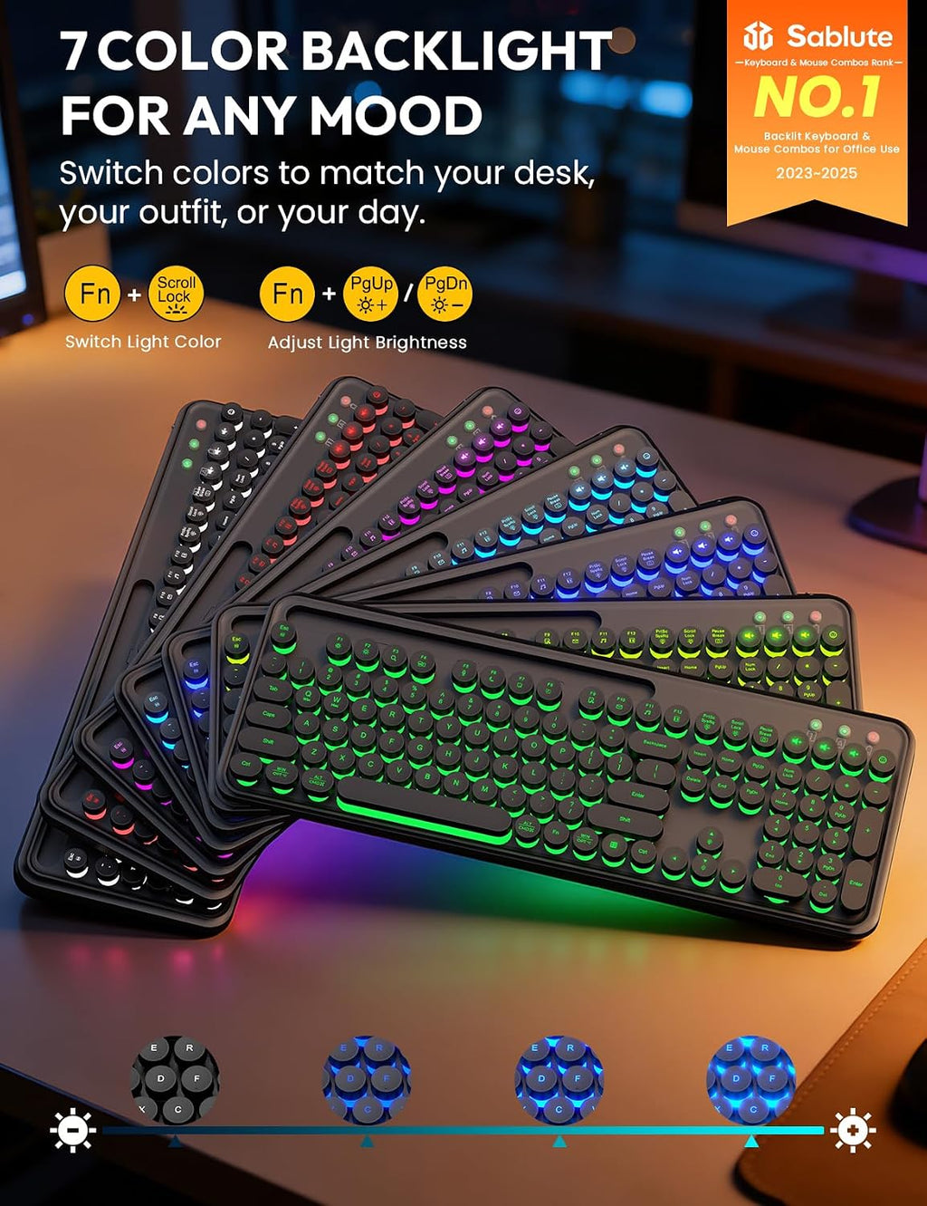 Wireless Keyboard and Mouse, Backlit Typewriter with Magnetic Wrist Rest | Phone Holder, Light Up Round Keycaps