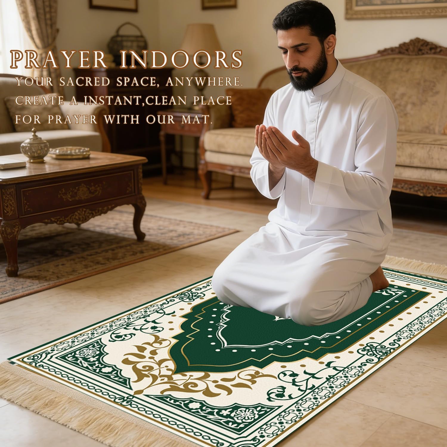 Prayer Mat Rug Ramadan Gifts - Thick Green Muslim Prayer Rug Islamic Tasbih Beads, Islamic Praying Mat Carpet for