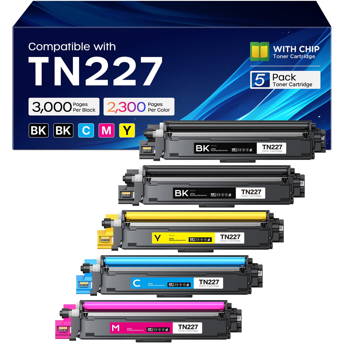 TN227 TN-227BK/C/M/Y Toner Cartridges Replacement for Brother TN227 5 Pack
