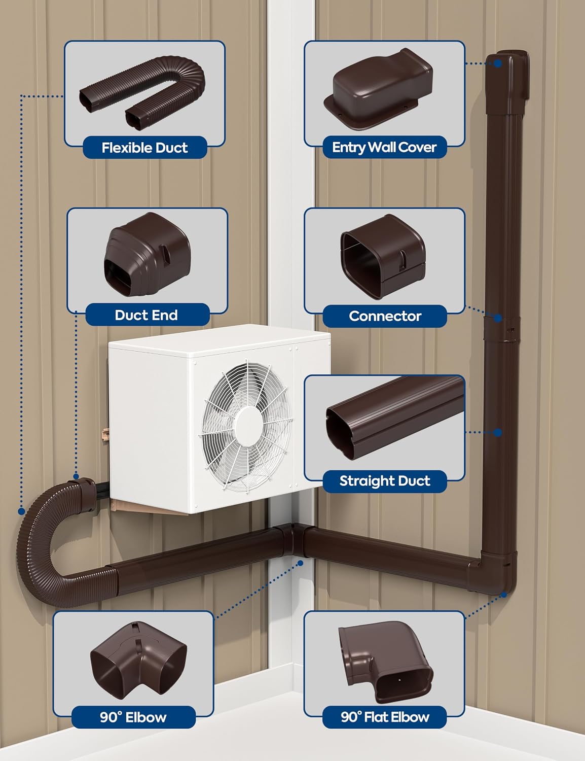 4" 9.5Ft Mini Split Line Set Cover, Decorative Line Hide Kit, Brown | Protective AC Lineset Cover with Flexible Duct