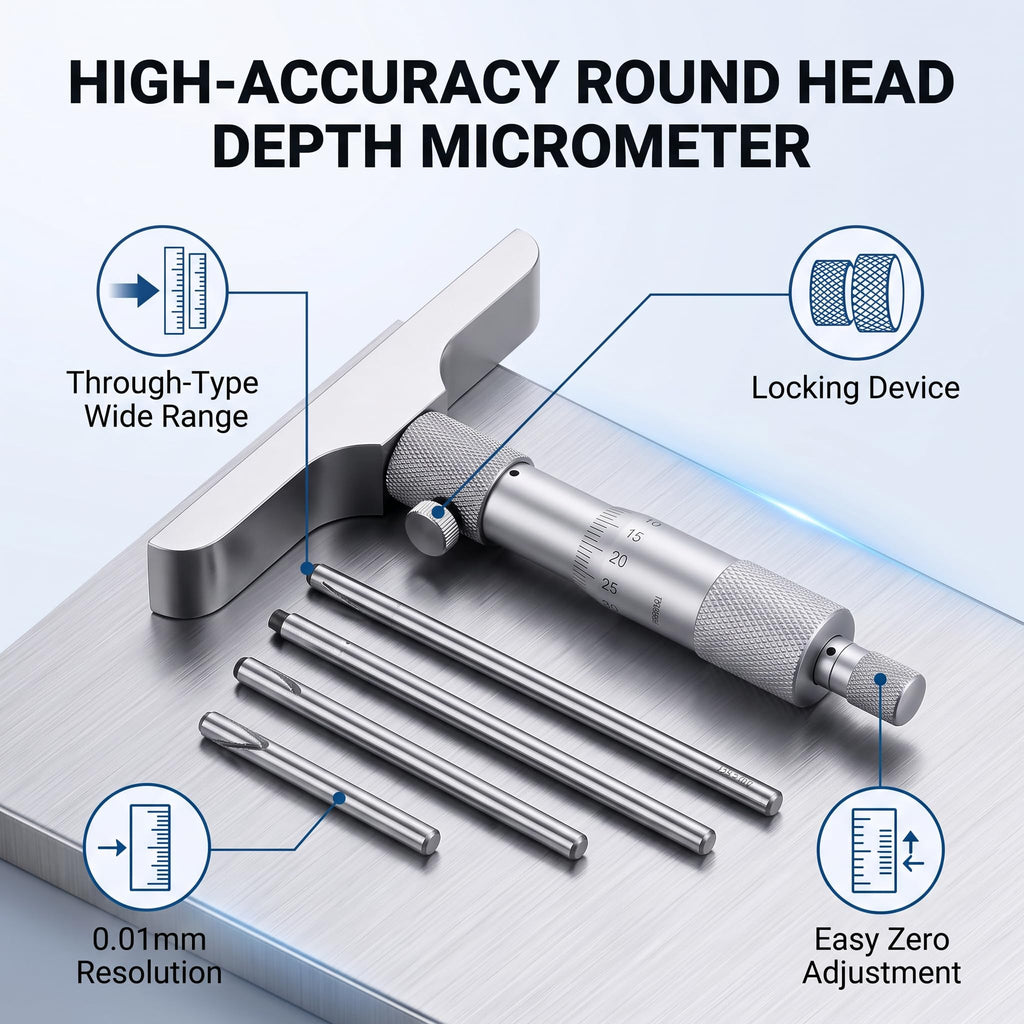 Depth Micrometer Stainless Steel Round Head Depth Micrometer Gage Measuring Tool with 5Pcs Rods (0-100mm 4 inches)