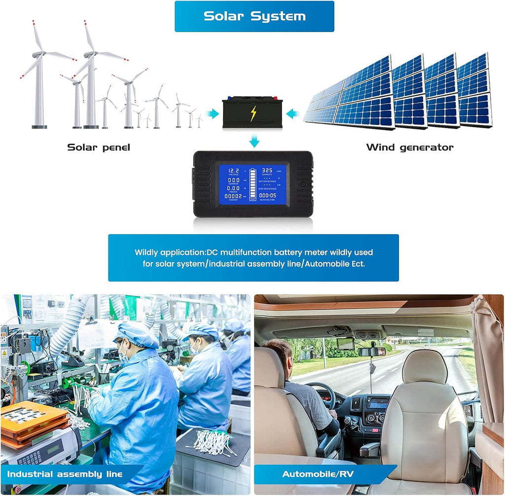 DC Multifunction Battery Monitor Meter with Shunt,0-200V,0-500A, LCD Display Digital Current Multimeter Voltmeter