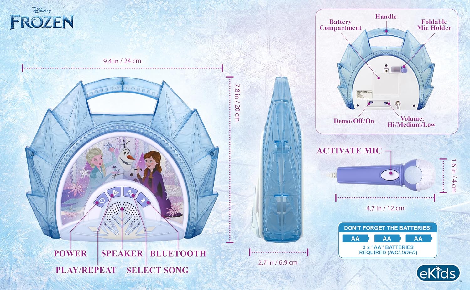 Disney Frozen Karaoke Microphone with Bluetooth Speaker for Fans of Disney Toys, Kids Karaoke Machine with Built in