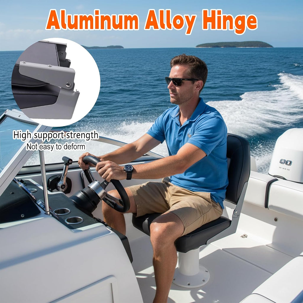 Classic Low Back Folding Fishing Boat Seat 2 Pack, White/Charcoal | Marine Boat Captain Chairs With Thick Cushion