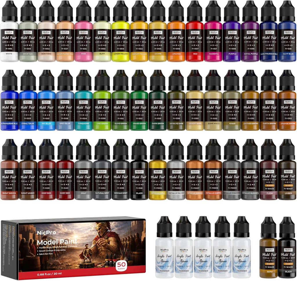 50 Colors Model Paint Set, 20ml Ready to Use Modeling Acrylic Paints | Brush & Airbrush Compatible, Miniature Paint