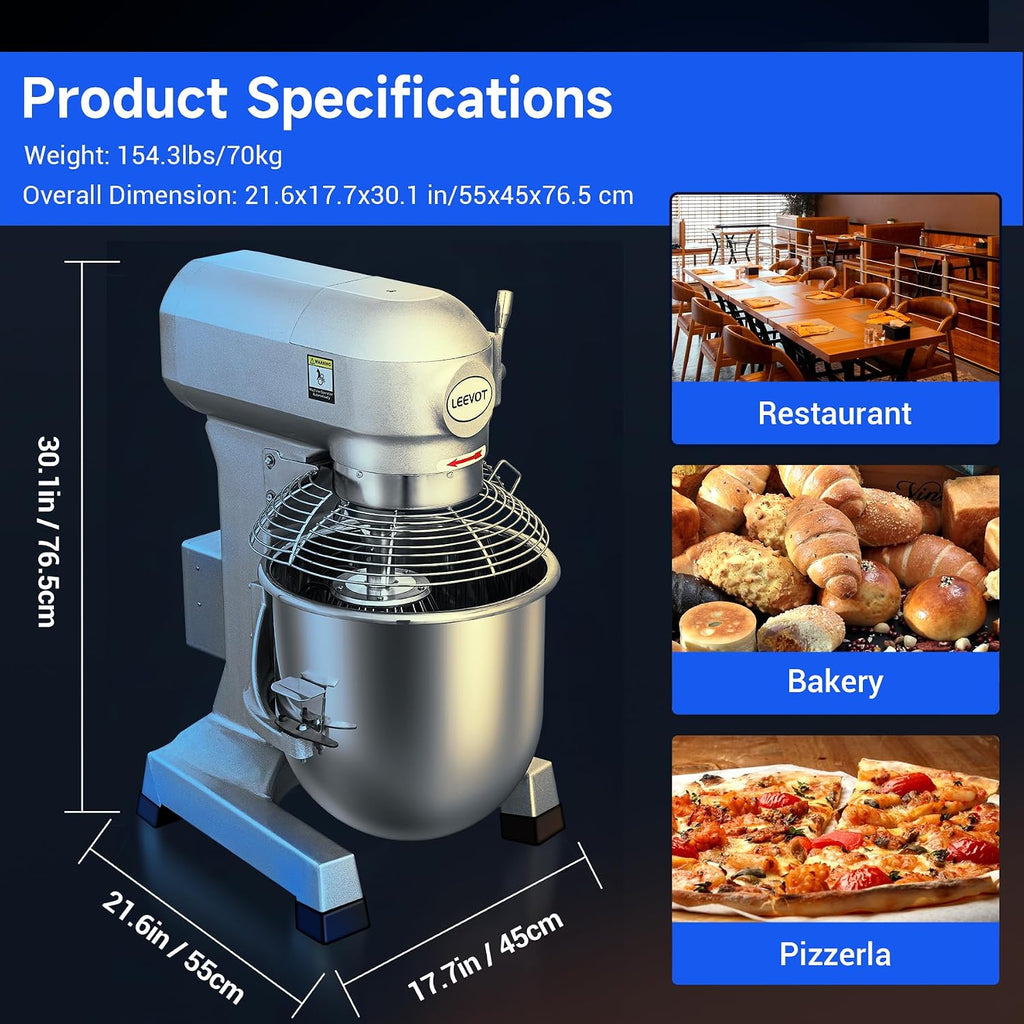 Commercial Food Mixer 30Qt, 3-Speed with Timer, 1250W