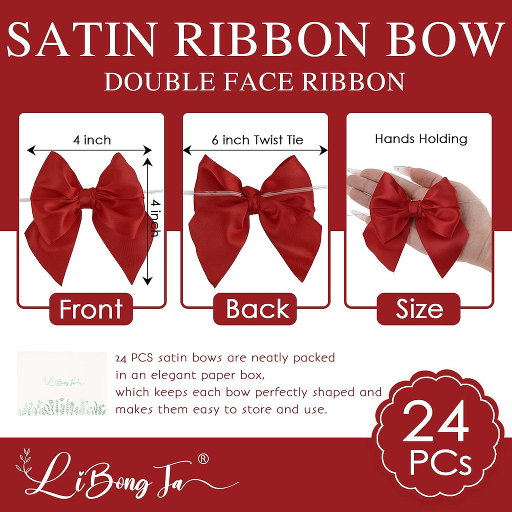 4 Inch Red Christmas Twist Tie Small Satin Ribbon Bows 24 Counts