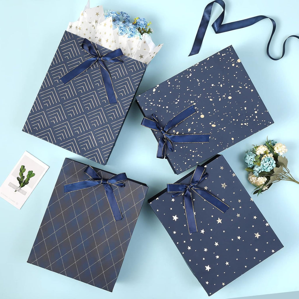 4 Pack 9" Medium Size Gift Bags Assorted Premium Blue Gift Bags with Tissue Paper Use for Birthdays, Baby