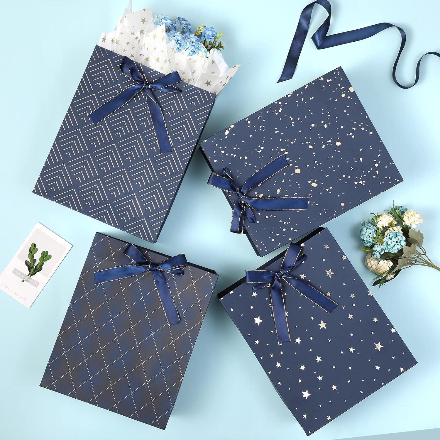 4 Pack 9" Medium Size Gift Bags Assorted Premium Blue Gift Bags with Tissue Paper Use for Birthdays, Baby