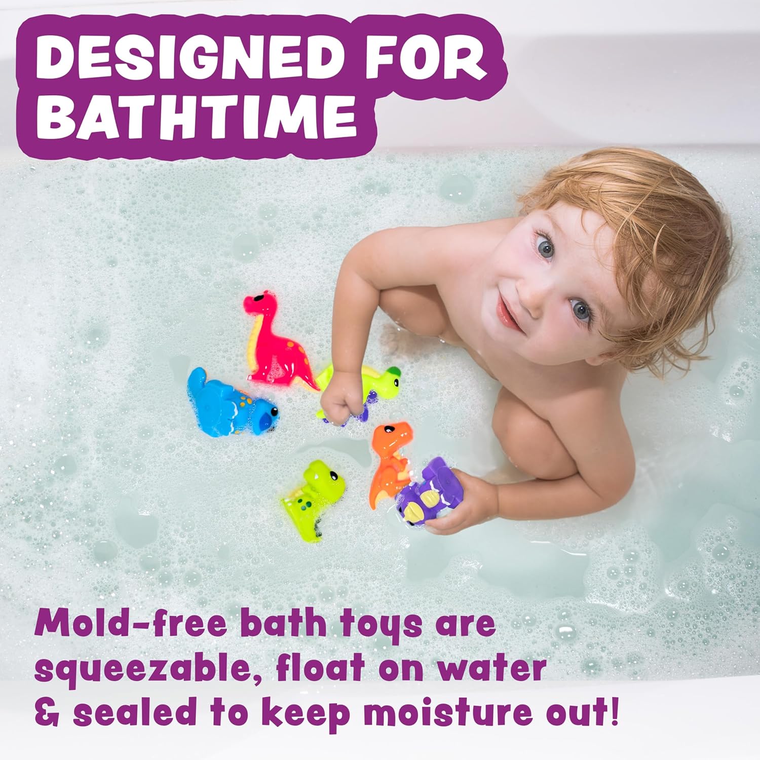 Dinosaur Mold Free Bath Toys, 6 Pack | Sealed, No Hole Bath Toys Design Keeps Moisture Out | Soft, Squeezable & Float