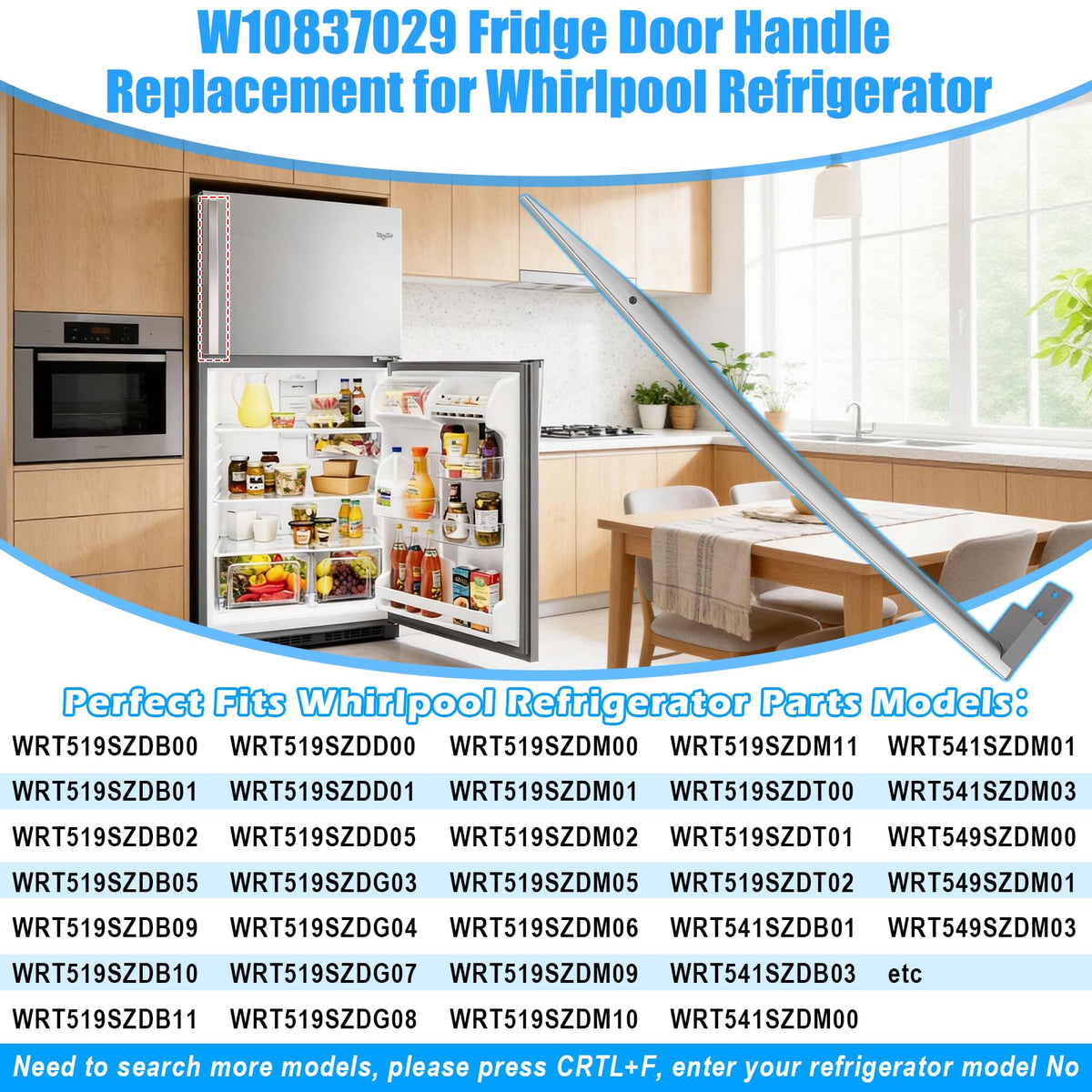 W10837029 Freezer Door Handle for Whirlpool Refrigerator Handle Replacement