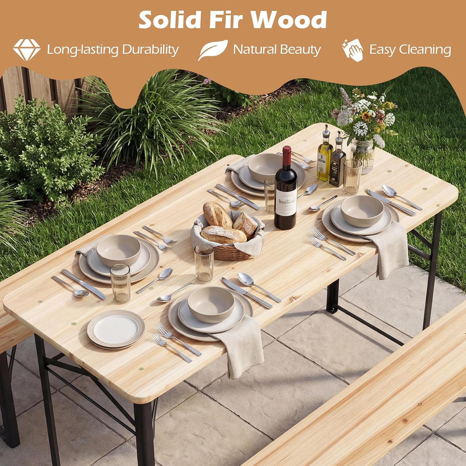 3 Piece Folding Picnic Table with 2 Benches, Foldable Wood Picnic Table Bench Set with Heavy-Duty Metal Frame for 4