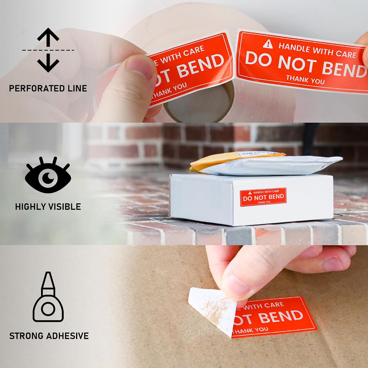 1x3 Inches 1000 Handle with Care - Do Not Bend Stickers