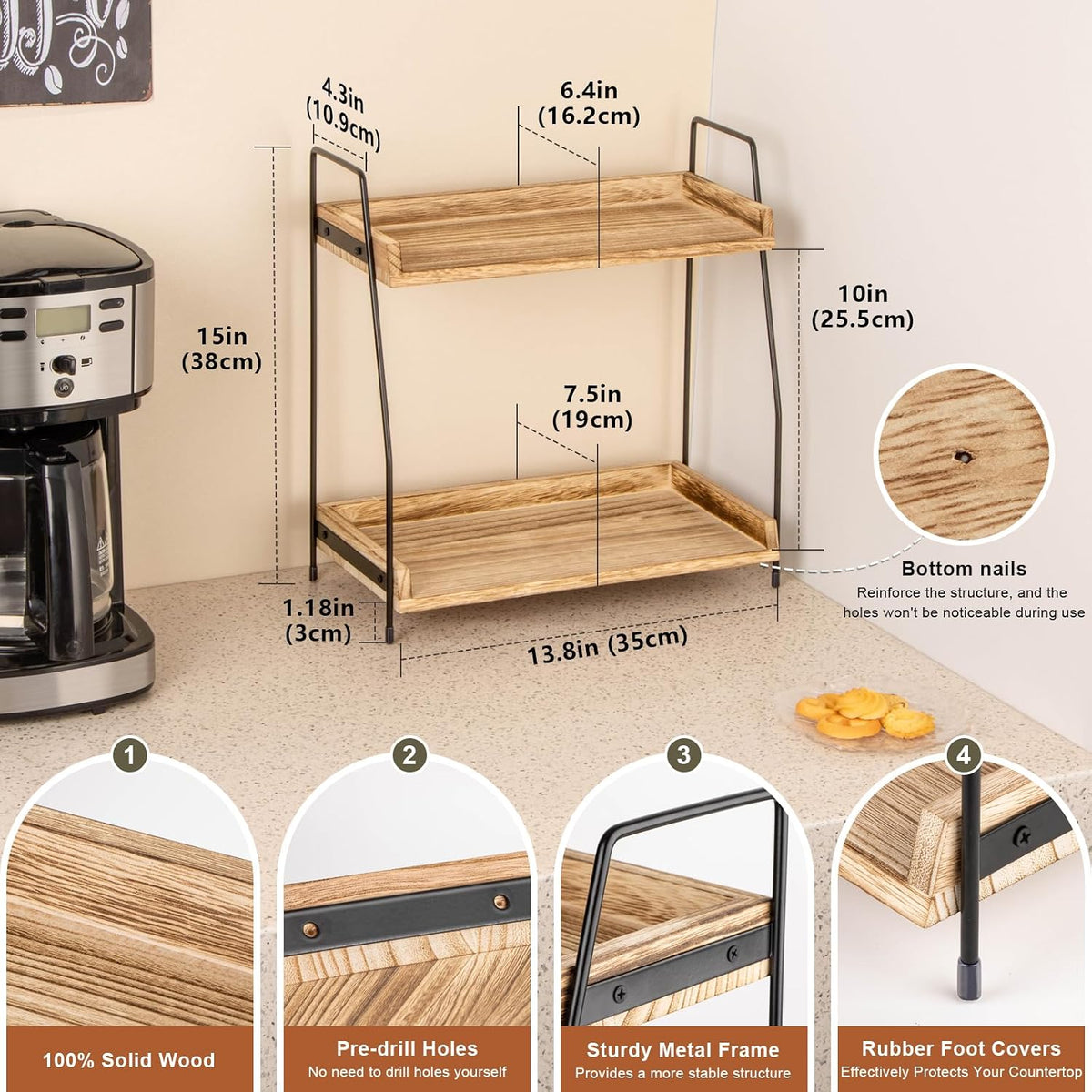 Countertop Coffee Station Organizer, 2 Tier Wooden Shelf