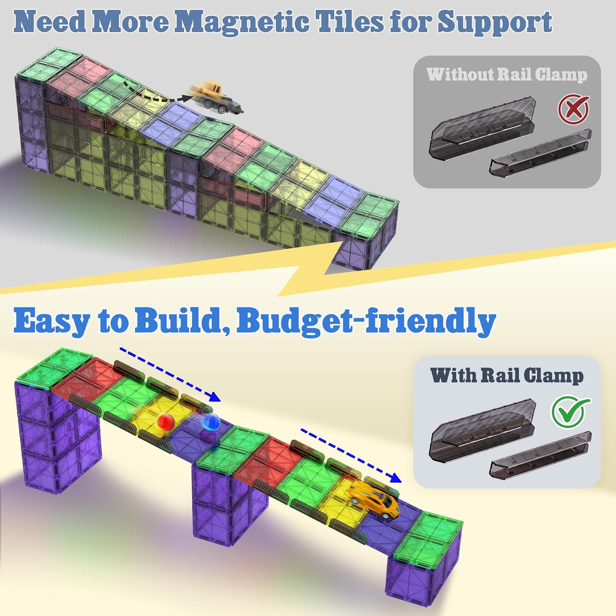 Magnetic Tiles Rail Pack 18-Pieces Magnetic Rail Clamps with Marble Run