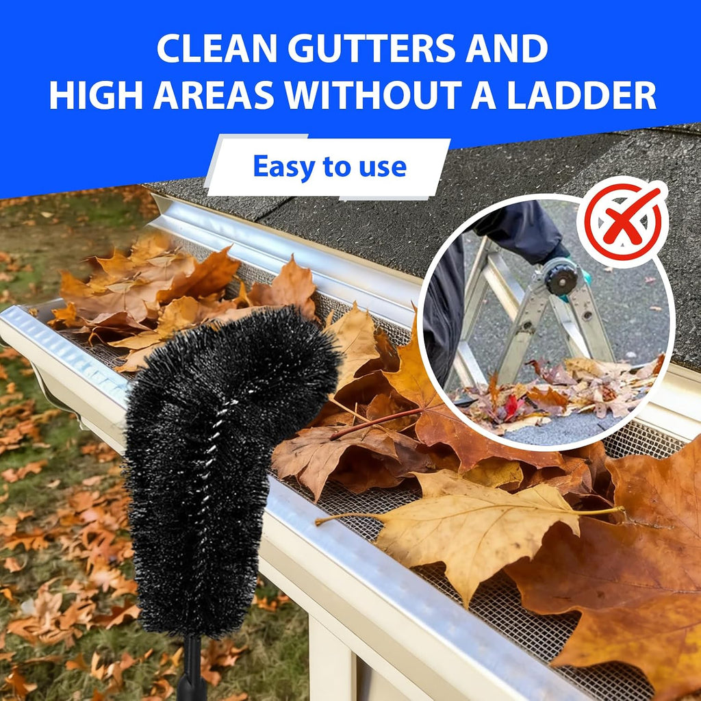 12.6 FT Telescopic Gutter Cleaning Tool from The Ground, 10-Section Adjustable Length with Two Different Brushes for