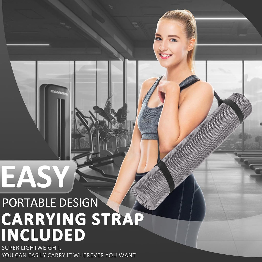 Signature Fitness All Purpose 0.25 Inch Thick High Density No Tear Exercise Yoga Mat with Strap & Lightweight