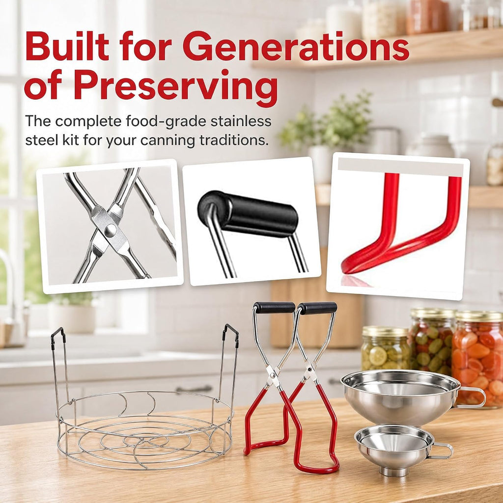 4 Pieces Canning Kit, 1PC Canning Rack+ 1PC Jar Lifter Tong+ 2PC Funnels, Stainless Steel Canning Supplies for Mason