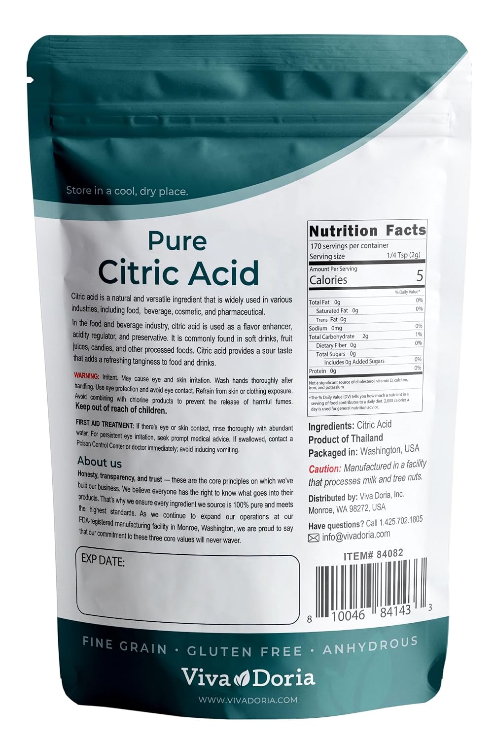 100% Pure Citric Acid, Food Grade, Fine Grain, 12 oz (340 g)