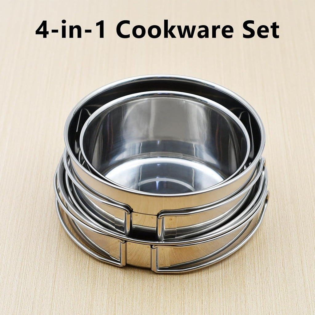 18/8 Stainless Steel Camping Cook Pot Set of 4 pcs | Camping Messware Kit, Backpacking Camping Cookware, Picnic