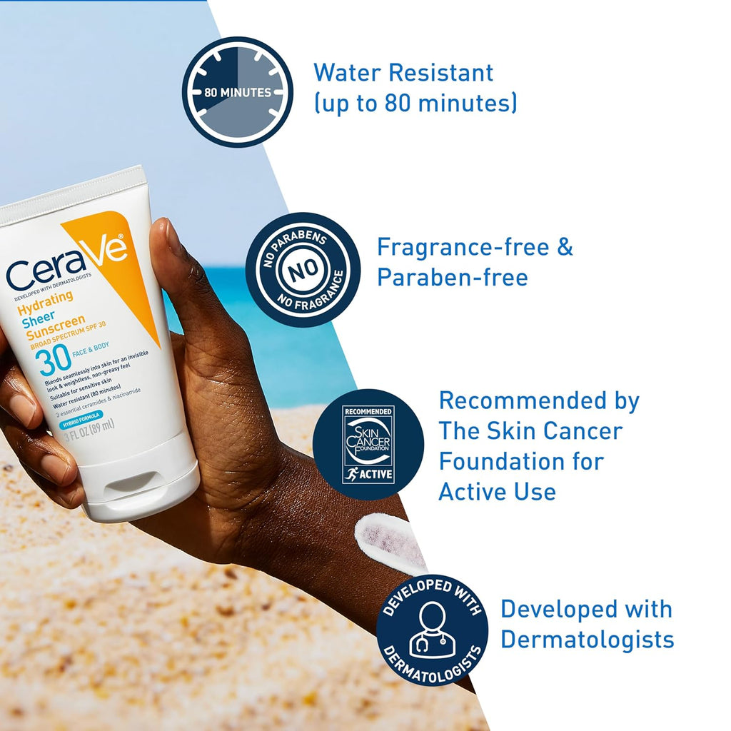 Hydrating Sheer Sunscreen with SPF 30 for Face and Body, Mineral & Chemical Sunscreen for Men & Women with Zinc