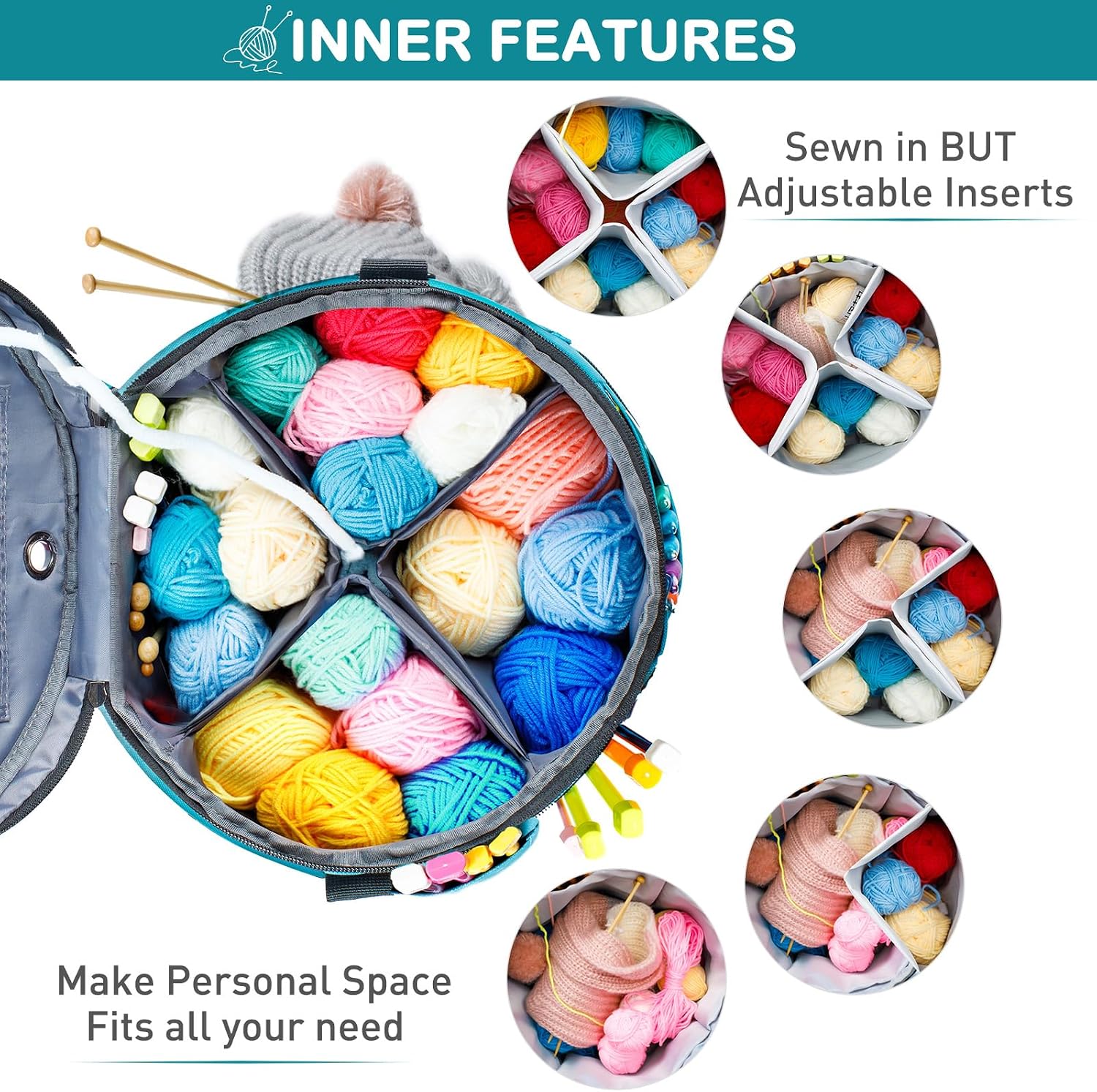 Expandable Yarn Storage Organizer, Crochet Bag & Yarn Tote with Zipper Closure, Yarn Holder for Crocheting and