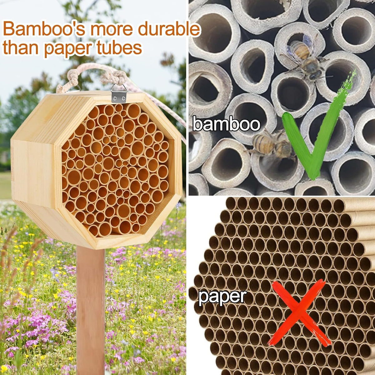 Mason Bee House - Handcrafted Natural Wooden Bee Hotel with Waterproof Wax Coating - Attracts Peaceful Pollinators