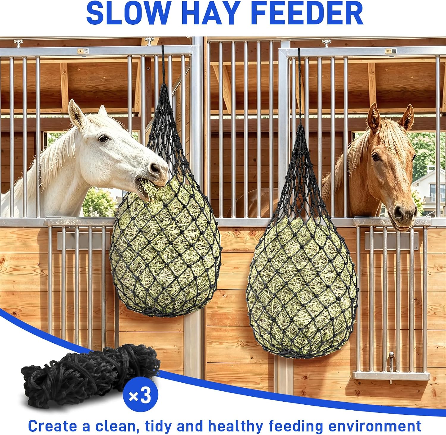 3 Pack Hay Nets for Horses, Slow Feed Hay Bags for Horses Goats with 2.3 Inch Holes, Hanging Hay Feeder for Stable