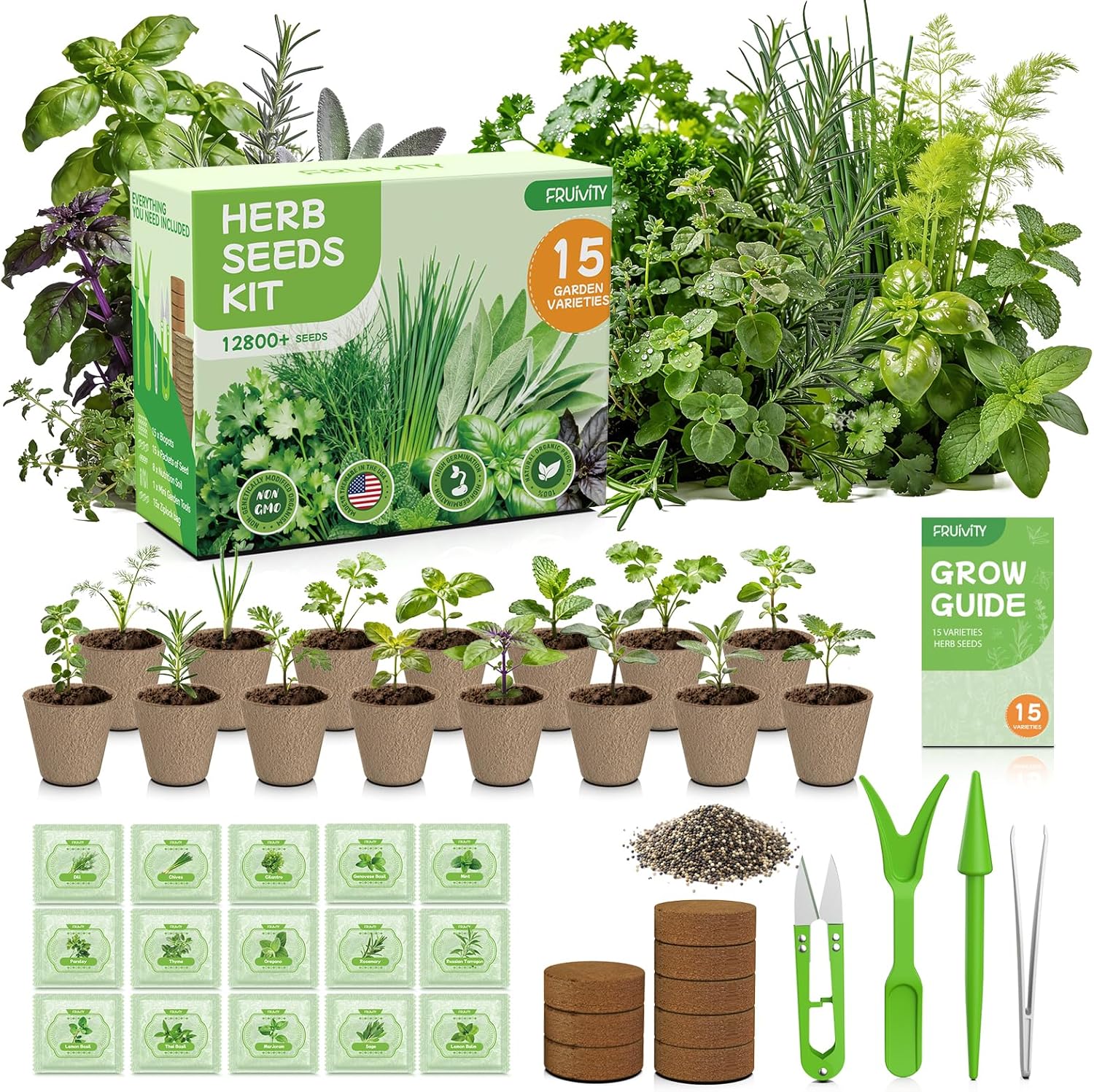 Herb Garden Starter Kit – Fruivity 12800+ 15 in 1 Herb Heirloom Seed Kits for Indoor/Outdoor Planting | Herb Indoor