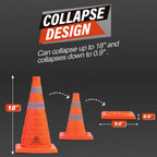 18 Inch 2 Pack Collapsible Traffic Safety Cones with Bag,Orange | Foldable Design for Storage, Reflective Collar