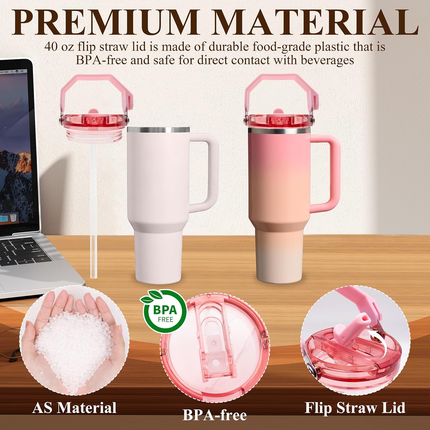 Flip Straw Lid with Handle for 40oz Stanley Cup Premium Leakproof Detachable Replacement Lid Accessories, Perfect Fit