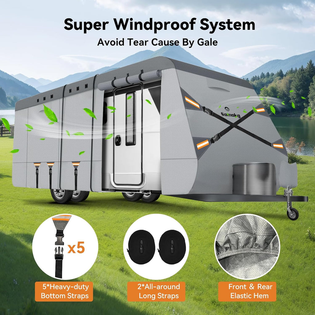 Travel Trailer Cover 27-30 FT, Heavy Duty 7-Layer RV Cover, Rip-Stop Camper Cover, Windproof with 5+2 Straps, UV &