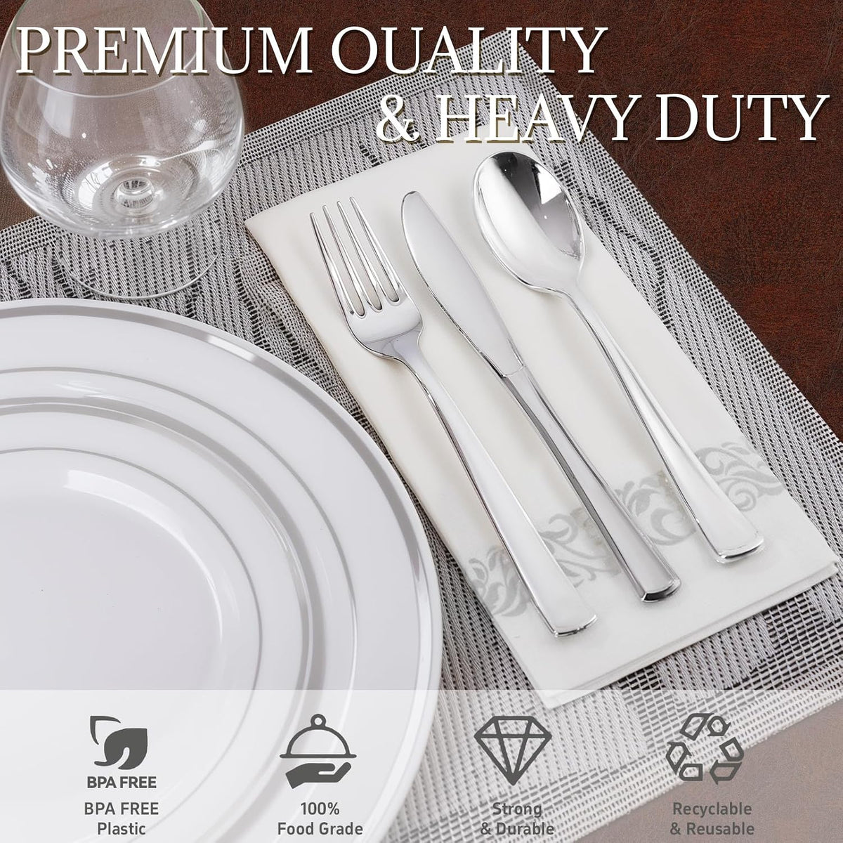 200Pcs White and Silver Plastic Dinnerware Set for 25 Guests Party