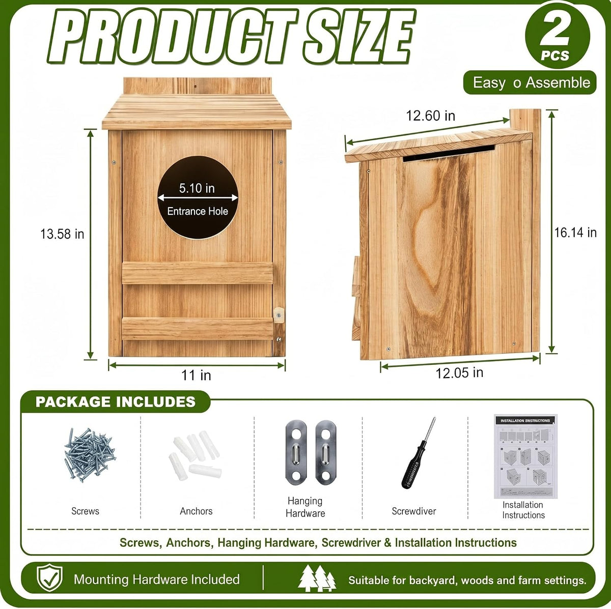 2 Pcs Owl House 16x12x11in Carbonized Wood Nesting Box for Owls