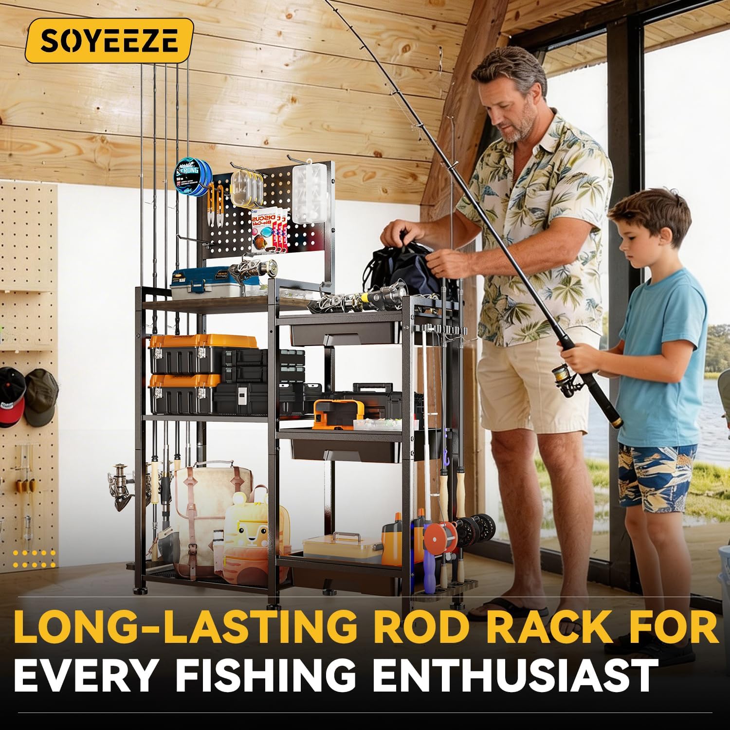 Fishing Rod Holders for Garage, 3 Storage Boxes for Reels & Fishing Accessories, 10 Rod Capacity Fishing Pole Holder