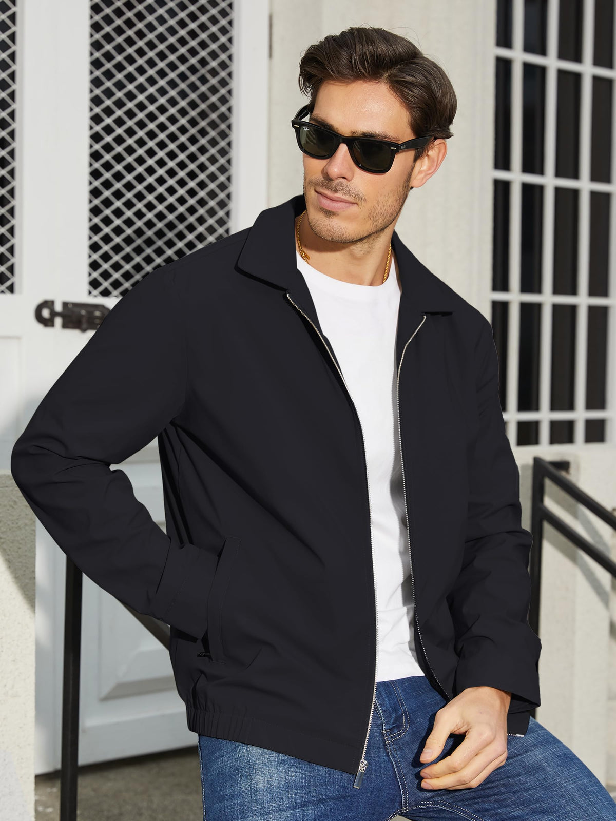Men's Black Jacket Full Zip Windbreaker for Golf Business Work