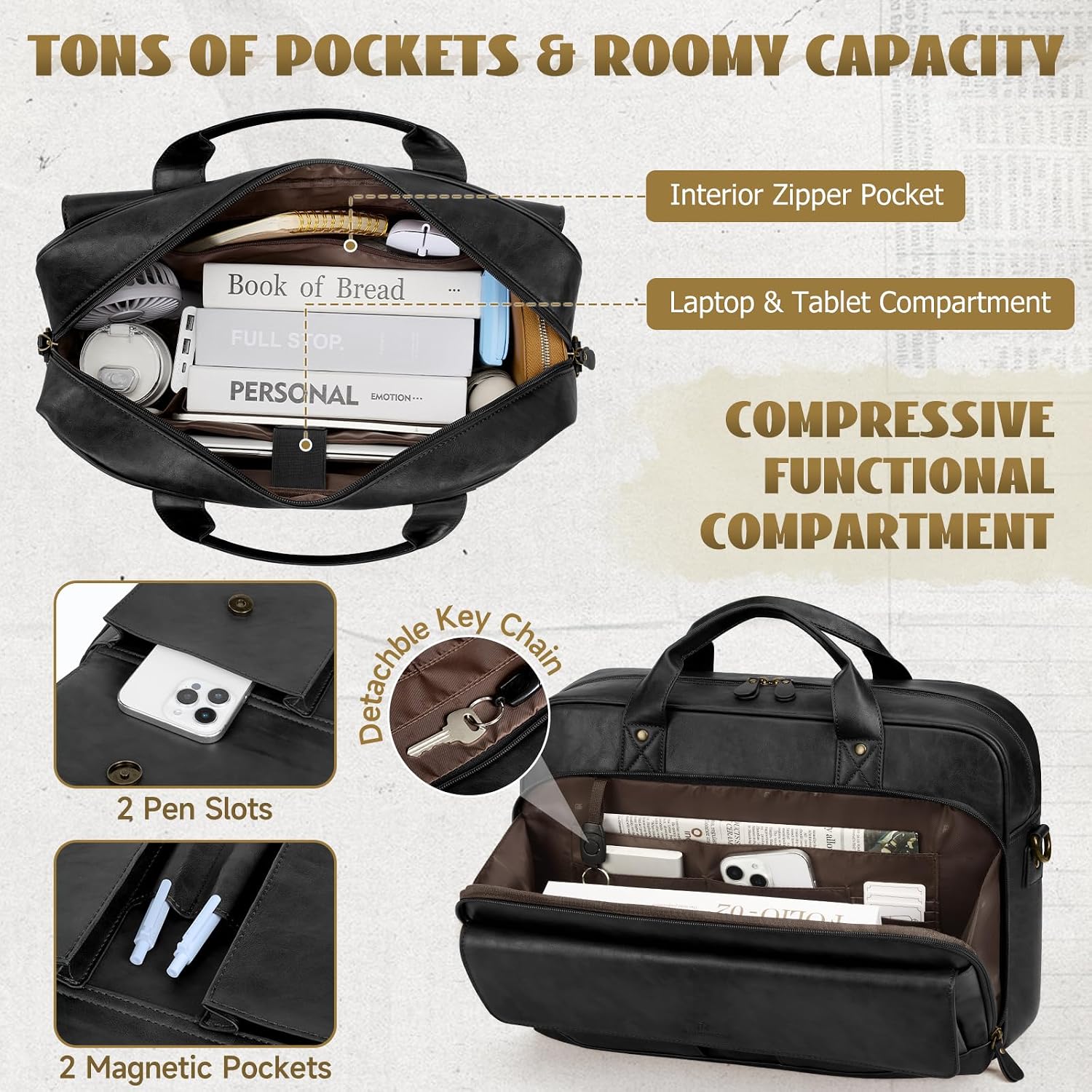 Mens Laptop Bag PU Leather Messenger Bag 15.6 Inch Briefcase Vintage Computer Satchel Bag for Work Business