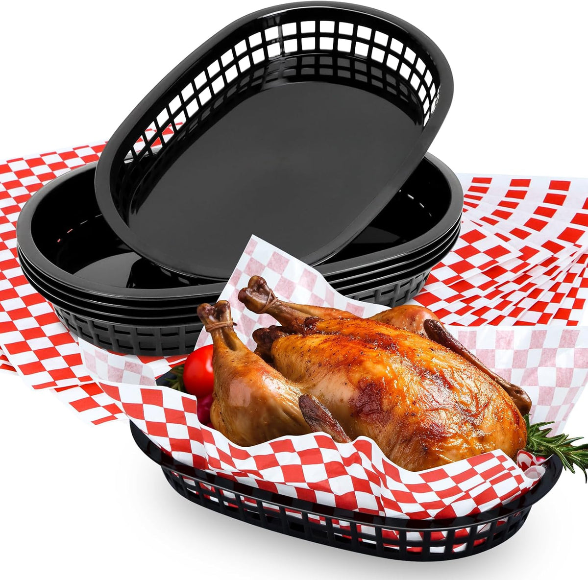 6 Black Food Baskets with 60 Red Checkered Liners, Reusable Baskets