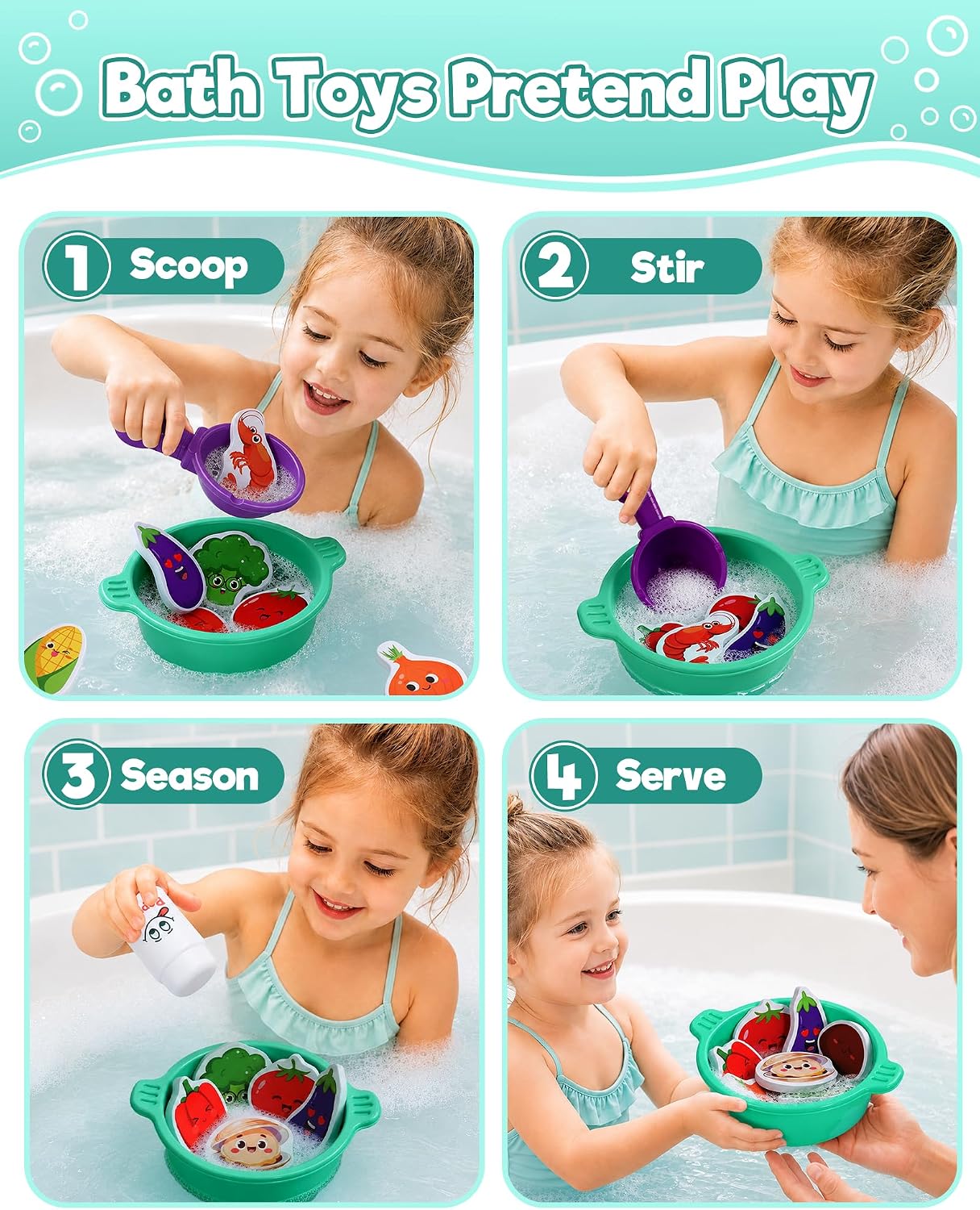 Bath Toys for Kids Ages 4-8 Bathtub Water Toys Play Food Cooking Set | 16 Pcs Mold Free Floating Foam Vegetables &
