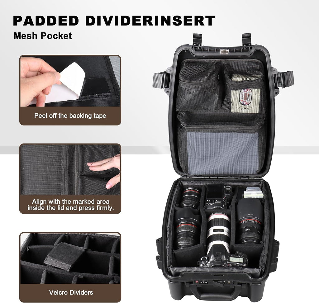 IP67 Waterproof Camera Backpack Hard Case with Padded Dividers, 19", Black