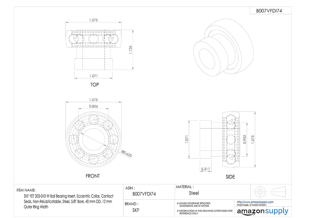 SKF YET 203-010 W Ball Bearing Insert, Eccentric Collar, Contact Seals, Non-Relubricatable, Steel, 5/8" Bore, 40 mm OD, 12 mm Outer Ring Width