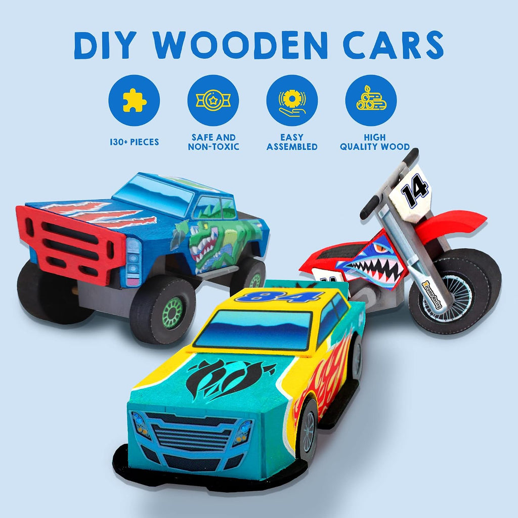 Kids Craft Kit Build & Paint Your Own Wooden Race Car Art & Craft Kit DIY Toy Make Your Own Car Truck Toy Construct