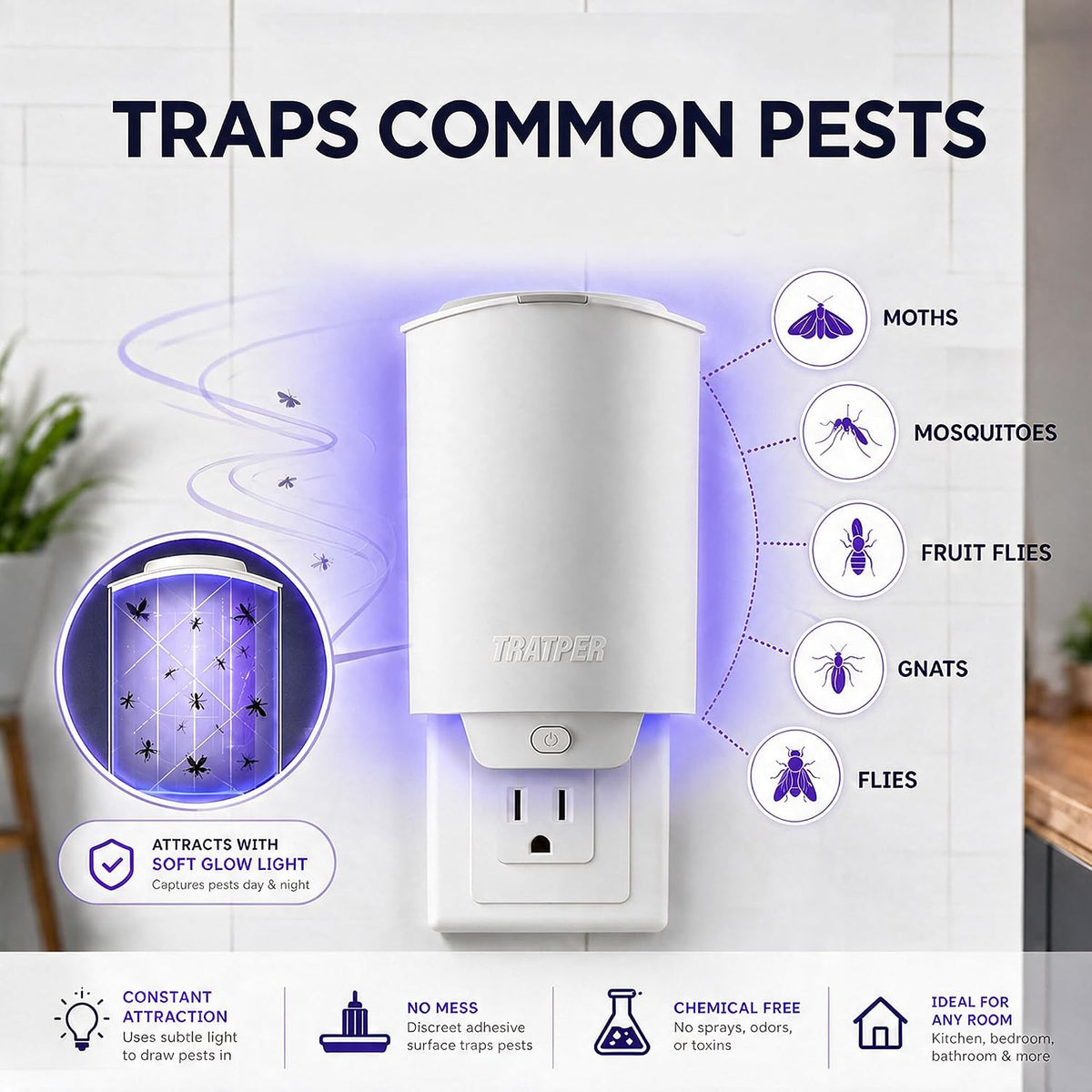 Glow Flying Insect Trap, Plug-in Indoor Fly Trap for Fruit Flies, Gnats, House Flies & Small Flying Insects, 2